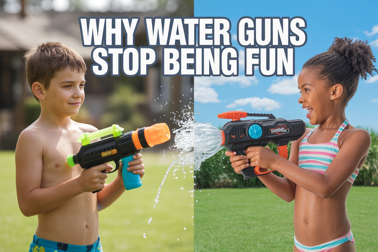 Create a realistic image of a split-screen comparison showing on the left a disappointed white boy holding a broken traditional plastic water gun with water dripping weakly, and on the right an excited black girl holding a modern battery-powered water blaster with a strong stream of water shooting out, both children are in swimwear in a sunny backyard setting with green grass and blue sky, with the text "Why Water Guns Stop Being Fun" prominently displayed across the top of the image in bold white letters with blue outline.