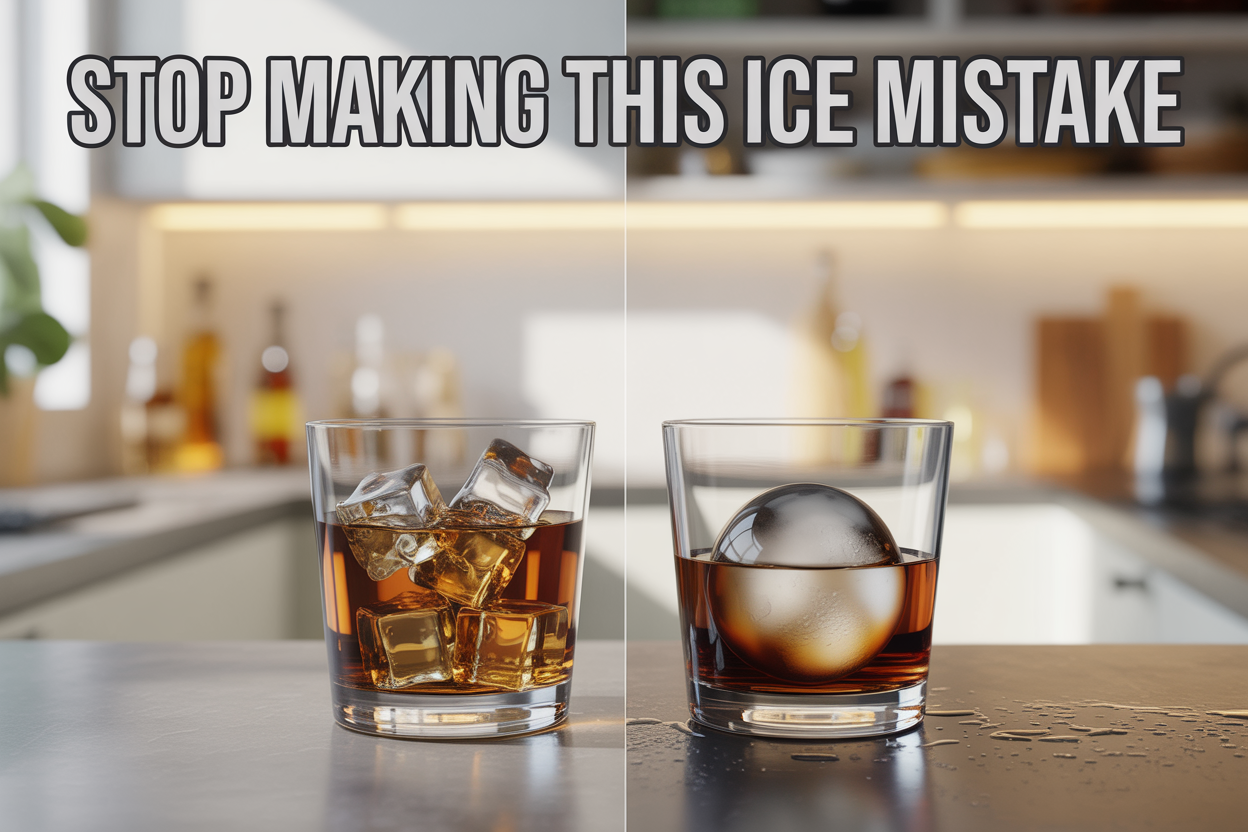 Create a realistic image of a split-screen comparison showing two drinking glasses side by side - on the left, a glass with rapidly melting small ice cubes creating a watery, diluted drink, and on the right, a glass with a large, perfectly spherical ice ball maintaining the drink's integrity, both glasses contain amber-colored whiskey or cola, the background features a modern kitchen counter with soft, warm lighting, include the text "Stop Making This Ice Mistake" overlaid at the top in bold, clean typography, the scene should convey the contrast between poor and optimal ice choices with a professional, educational mood.