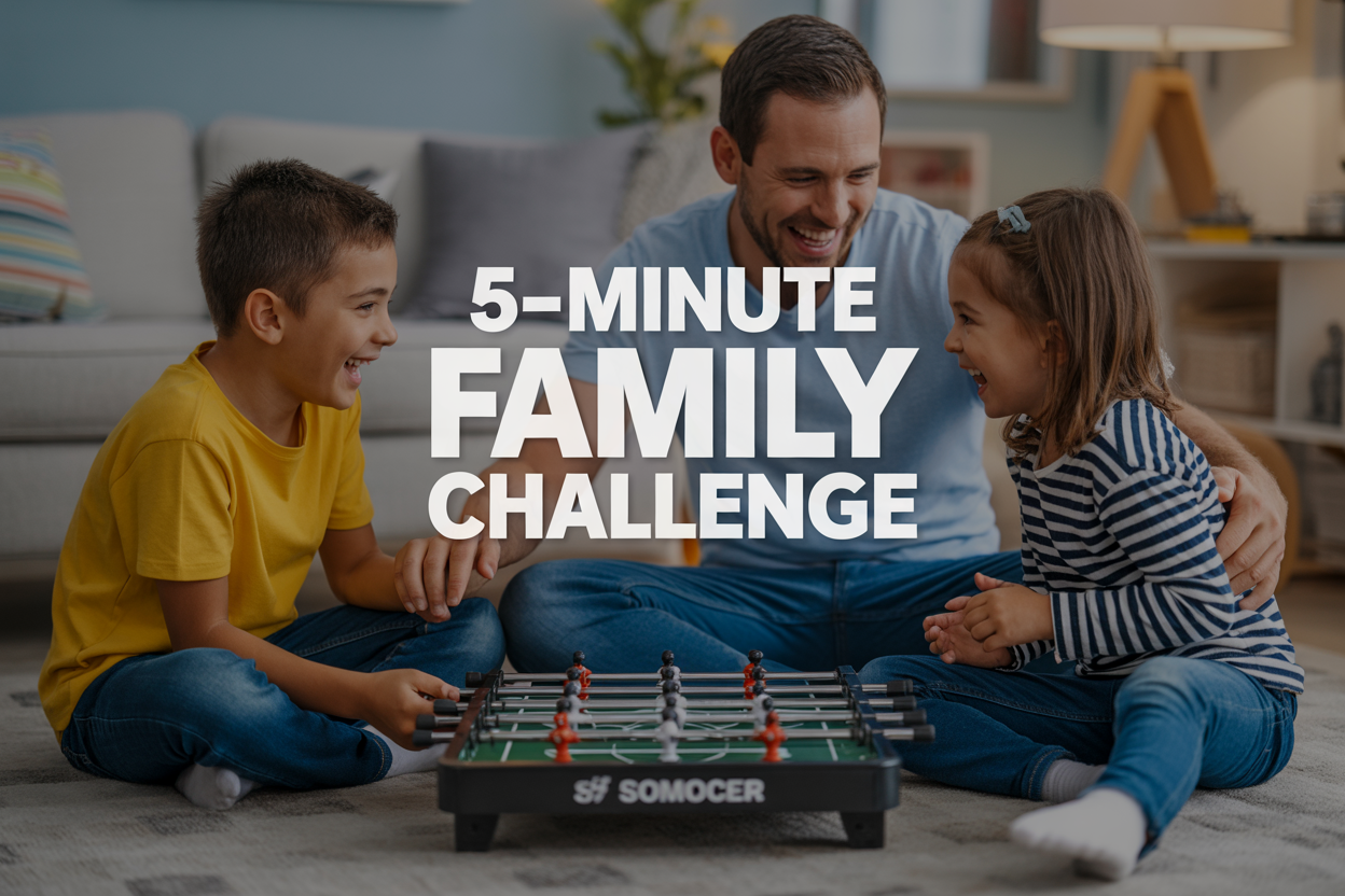 Create a realistic image of a white father and his two young children sitting together on a living room floor, laughing and engaged in playing a compact mini soccer table game, with the small portable game placed between them, bright and warm indoor lighting creating a cheerful family atmosphere, a cozy living room with a blurred background, the mood is joyful and energetic, with on-image text that reads "5-Minute Family Challenge" in bold, playful font overlaid in the upper portion of the image.