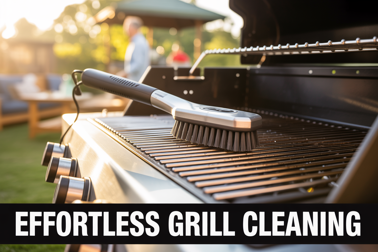 Create a realistic image of a close-up shot of a shiny, clean stainless steel grill grate with an electric grill brush resting on it, showcasing its rotating bristles and ergonomic handle, set against a slightly blurred backyard BBQ scene with warm golden sunlight in the background, conveying a sense of effortless cleanliness and satisfaction, with bold white text overlay reading "Effortless Grill Cleaning" positioned at the bottom of the image.