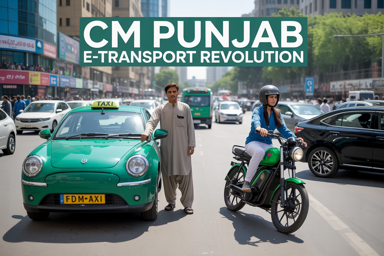 Create a realistic image of a bustling Pakistani city street scene featuring a bright green electric taxi and an electric motorcycle prominently displayed in the foreground, with a South Asian male taxi driver in traditional shalwar kameez standing beside the e-taxi and a young South Asian female rider wearing a helmet next to the e-bike, modern urban buildings and busy traffic in the background under clear daylight, vibrant green and blue color scheme representing eco-friendly transportation, with bold text overlay reading "CM Punjab E-Transport Revolution" in English and Urdu.