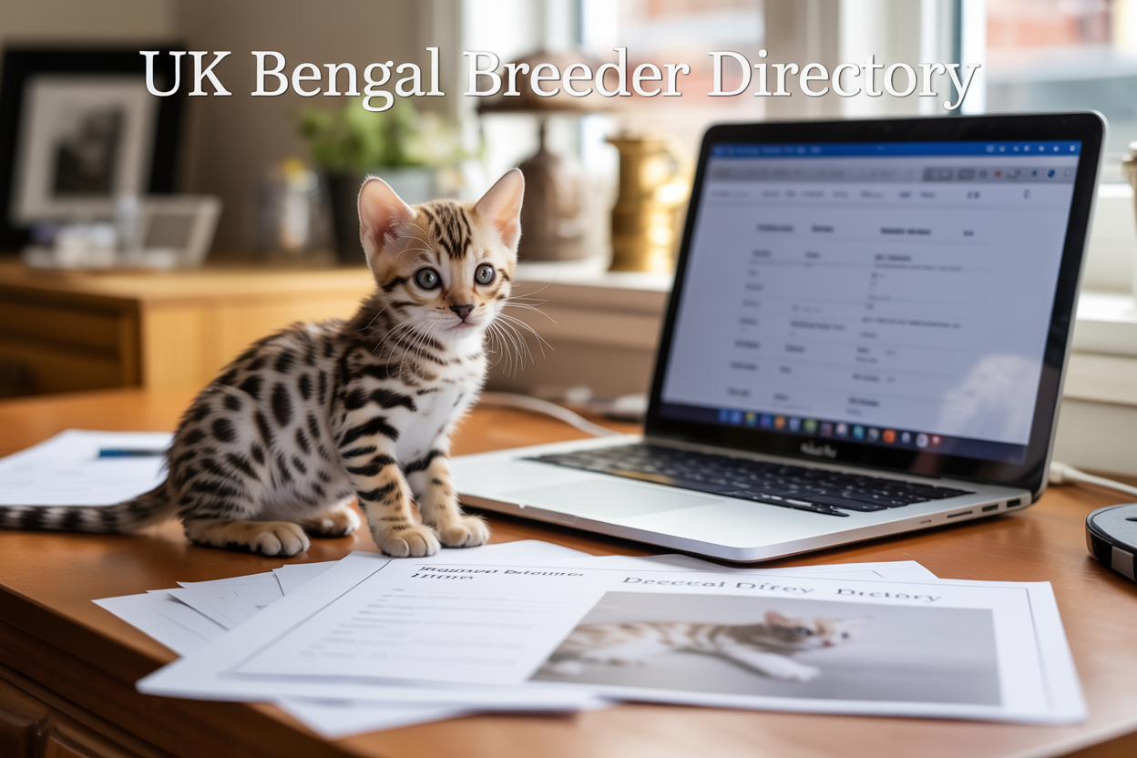 Create a realistic image of an adorable Bengal kitten with distinctive spotted coat patterns sitting on a wooden desk next to an open laptop computer displaying a website directory, with scattered professional breeder documents and certificates in the background, warm natural lighting from a window, cozy home office setting, and overlay text reading "UK Bengal Breeder Directory" in elegant serif font.