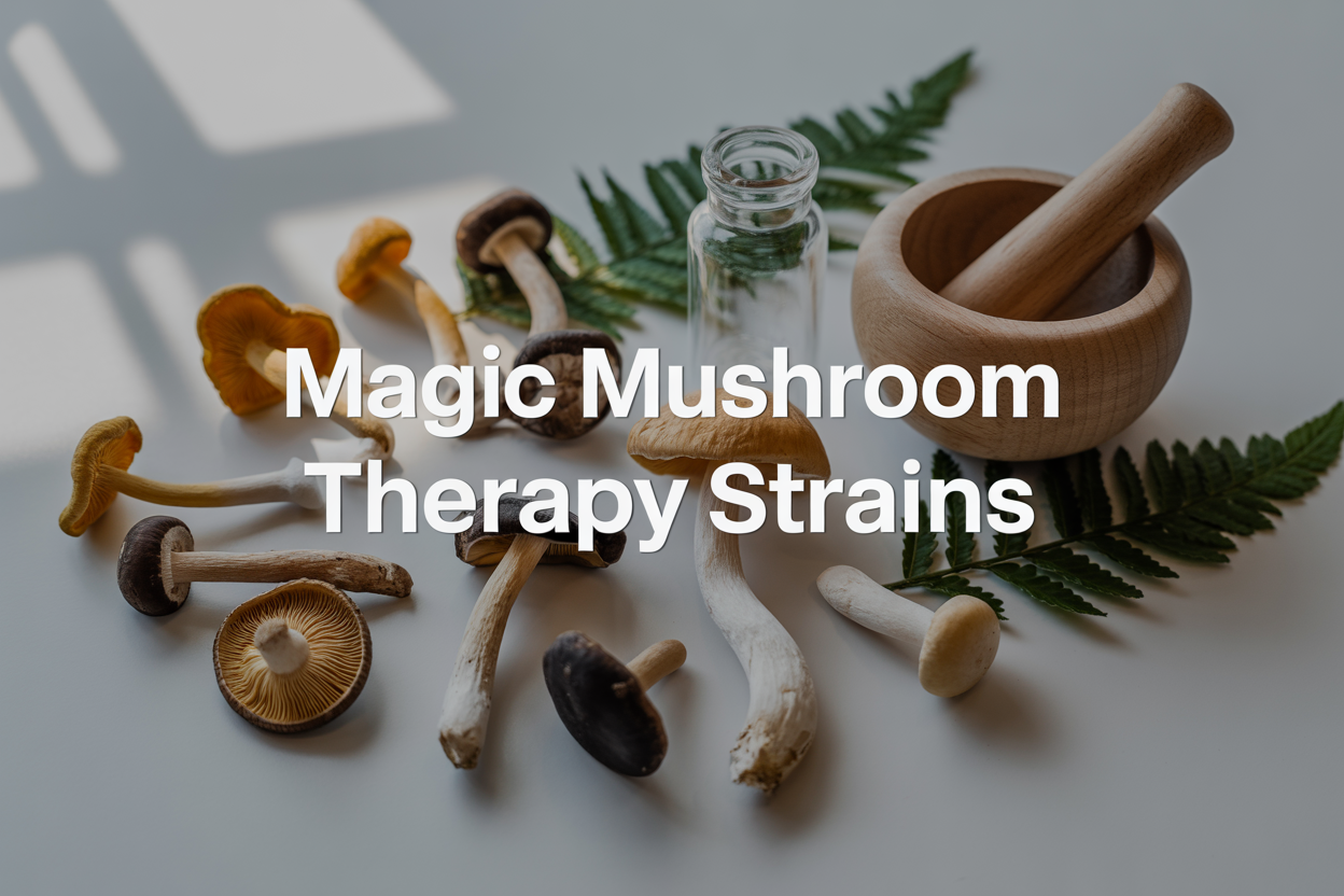 7 Best Magic Mushroom Strains For Therapy - Psychedelic Today Create A Realistic Image Of Various Dried Magic Mushrooms Arranged On A Clean White Surface With Subtle Natural Lighting, Including Different Mushroom Varieties Like Golden-Colored Specimens, Darker Caps, And Lighter Albino Varieties, Alongside A Small Glass Vial, Wooden Mortar And Pestle, And Green Botanical Elements Like Fern Leaves, With Soft Shadows And A Calming, Clinical Atmosphere Suggesting Therapeutic Use, Featuring The Text &Quot;Magic Mushroom Therapy Strains&Quot; In Clean, Modern Typography Overlaid On The Image.