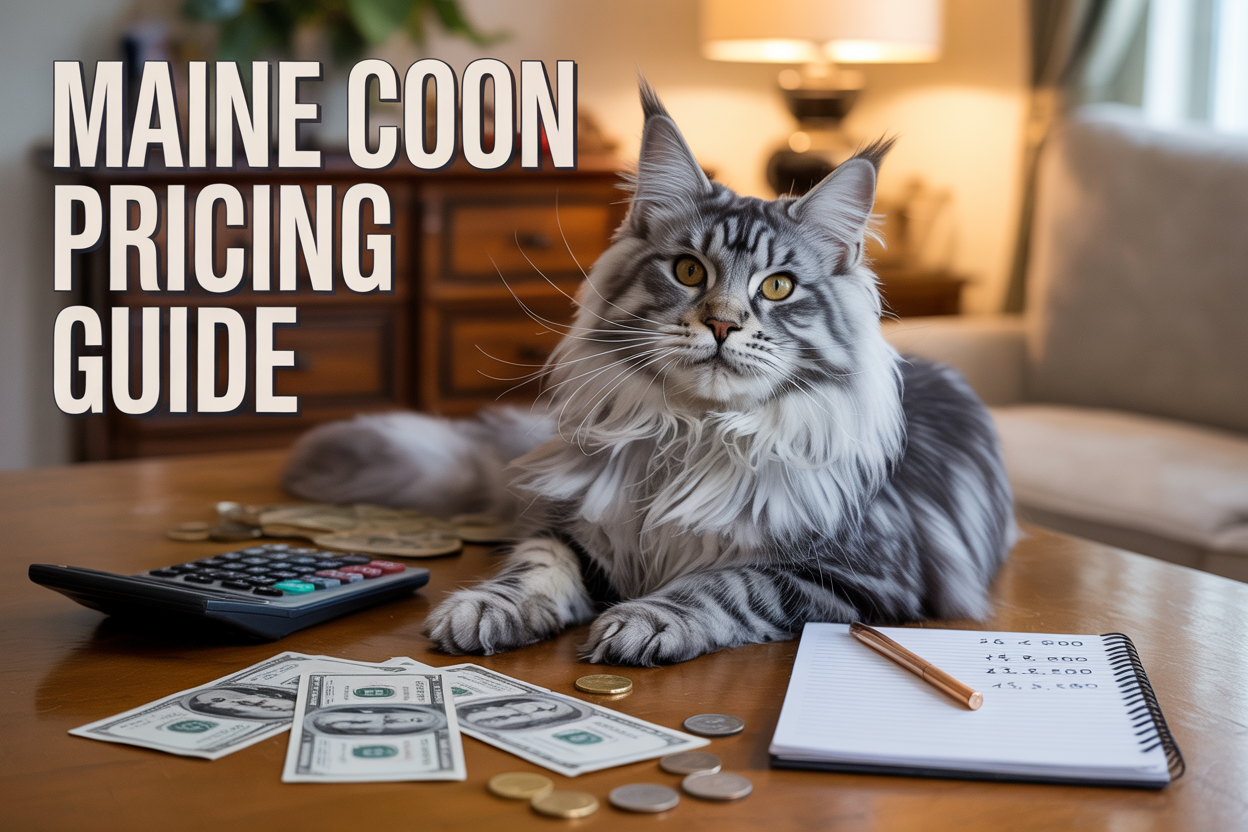 Create a realistic image of a beautiful Maine Coon cat with distinctive long fluffy fur and ear tufts sitting regally on a wooden table, with scattered dollar bills and coins around the cat, a calculator and notepad with price figures visible in the scene, warm indoor lighting creating a cozy atmosphere, and bold text overlay reading "Maine Coon Pricing Guide" in the upper portion of the image, with a subtle background showing a comfortable home interior.