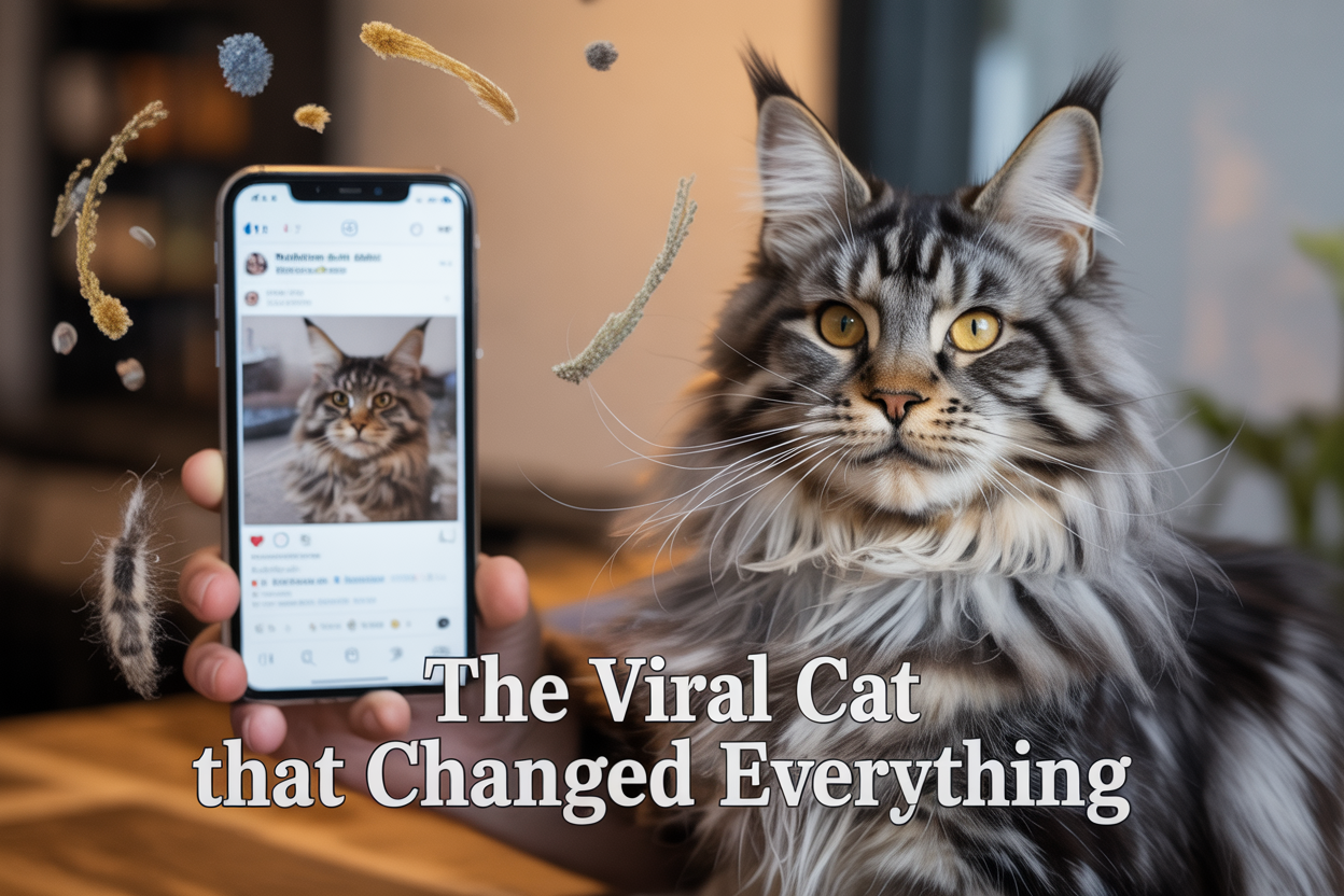 Create a realistic image of a majestic Maine Coon cat with distinctive long fur and tufted ears sitting prominently in the foreground, with a smartphone displaying a social media post in the background showing viral engagement metrics, surrounded by subtle visual elements representing allergens like floating dust particles and pollen, with a soft warm lighting that highlights the cat's luxurious coat texture, and overlay text reading "The Viral Cat That Changed Everything" in elegant white typography with a slight shadow effect.