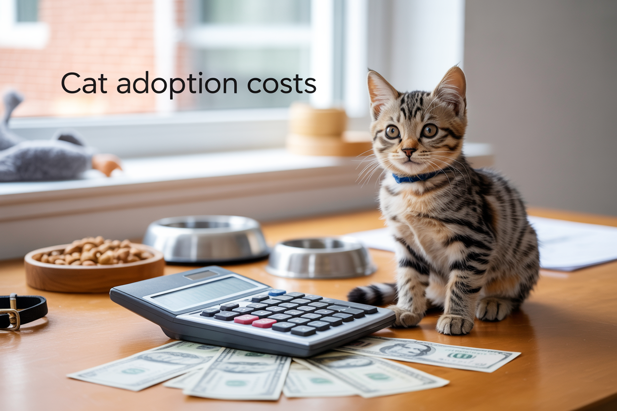Create a realistic image of an adorable tabby cat sitting next to a calculator and scattered dollar bills on a wooden desk, with cat supplies like a food bowl, toy mouse, and collar visible in the background, soft natural lighting from a window, warm and inviting atmosphere, with the text "Cat Adoption Costs" overlaid in clean, readable font in the upper portion of the image.