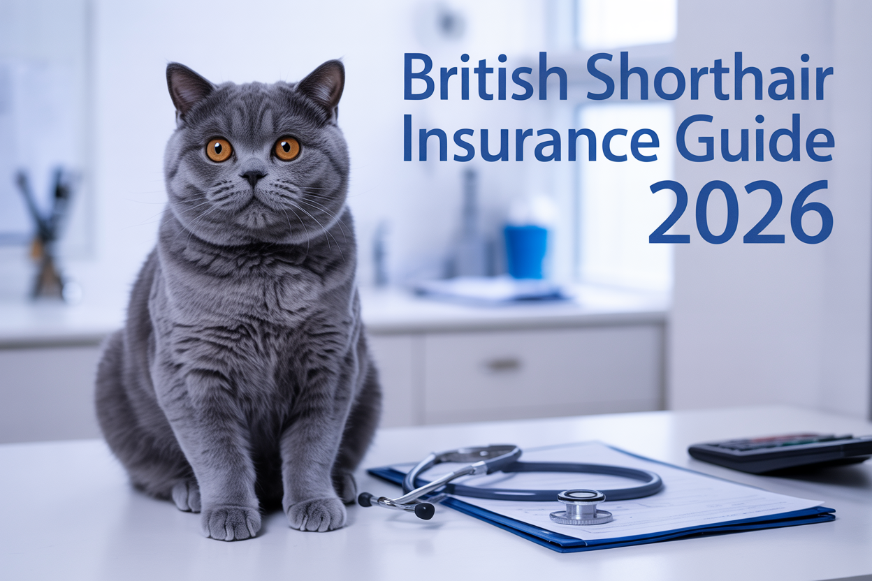 Create a realistic image of a beautiful blue-gray British Shorthair cat with round golden eyes sitting on a clean white veterinary examination table, with a professional veterinarian's stethoscope, insurance documents, and a calculator visible in the background, soft medical office lighting creating a calm and reassuring atmosphere, with the text "British Shorthair Insurance Guide 2026" elegantly overlaid in modern blue font in the upper portion of the image.