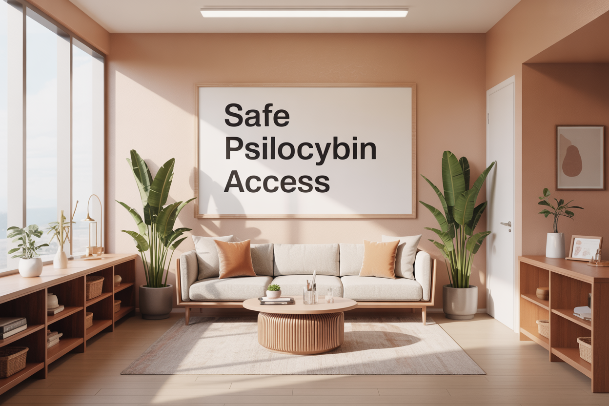 Safest places to get Amazonian psilocybin mushrooms - Psychedelic Today Create A Realistic Image Of A Modern, Clean Medical Consultation Room With A Comfortable Seating Area, Featuring A Professional Setting With Natural Lighting From Large Windows, Soft Earth-Tone Colors, And Subtle Botanical Elements Including Small Potted Plants, With A Serene And Trustworthy Atmosphere, And Include The Text &Quot;Safe Psilocybin Access&Quot; Prominently Displayed On A Clean Wall Sign Or Poster Within The Scene.