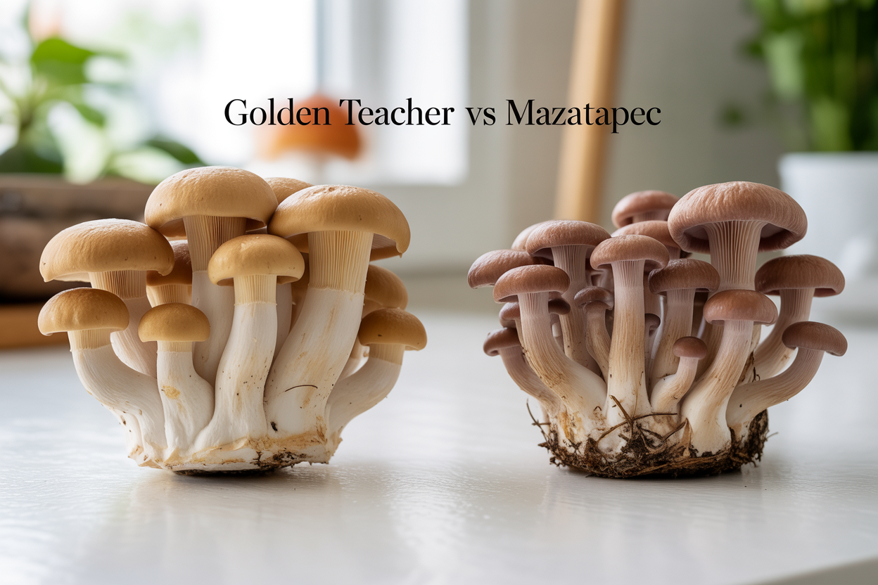 Create A Realistic Image Of Two Distinct Mushroom Strains Side By Side On A Clean White Surface, The Left Showing Golden Teacher Mushrooms With Their Characteristic Golden-Brown Caps And Thick White Stems, The Right Showing Mazatapec Mushrooms With Their Darker Reddish-Brown Caps And Slender Stems, Both Groups Appearing Fresh And Naturally Arranged, With Soft Natural Lighting From Above Creating Gentle Shadows, And Elegant Text Overlay Reading &Quot;Golden Teacher Vs Mazatapec&Quot; In A Modern Sans-Serif Font, With A Subtle Blurred Botanical Background Suggesting A Natural Growing Environment.