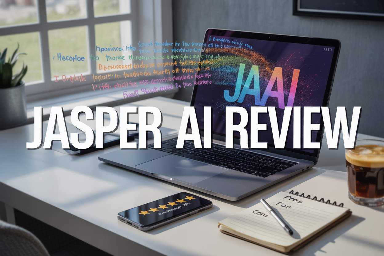 Create a realistic image of a modern laptop computer displaying the Jasper AI interface on screen with colorful AI-generated text snippets flowing from the screen, positioned on a clean white desk with a smartphone showing rating stars, a notepad with "PROS" and "CONS" written on it, and a coffee cup nearby, featuring soft natural lighting from a window and the text "Jasper AI Review" prominently displayed in bold modern typography overlaying the scene.