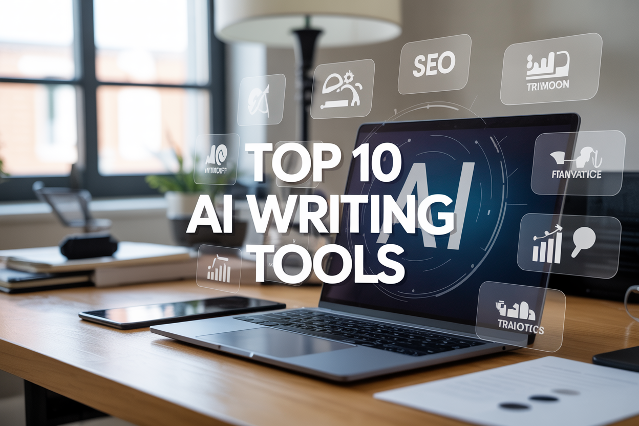 Create a realistic image of a modern workspace with a sleek laptop displaying an AI writing interface on the screen, surrounded by floating holographic icons representing different writing tools and features like SEO optimization, language translation, and analytics charts, with a clean white desk surface, soft natural lighting from a window, and the text "TOP 10 AI WRITING TOOLS" prominently displayed in bold modern typography overlaying the scene, creating a professional and tech-forward atmosphere that conveys productivity and innovation in content creation.