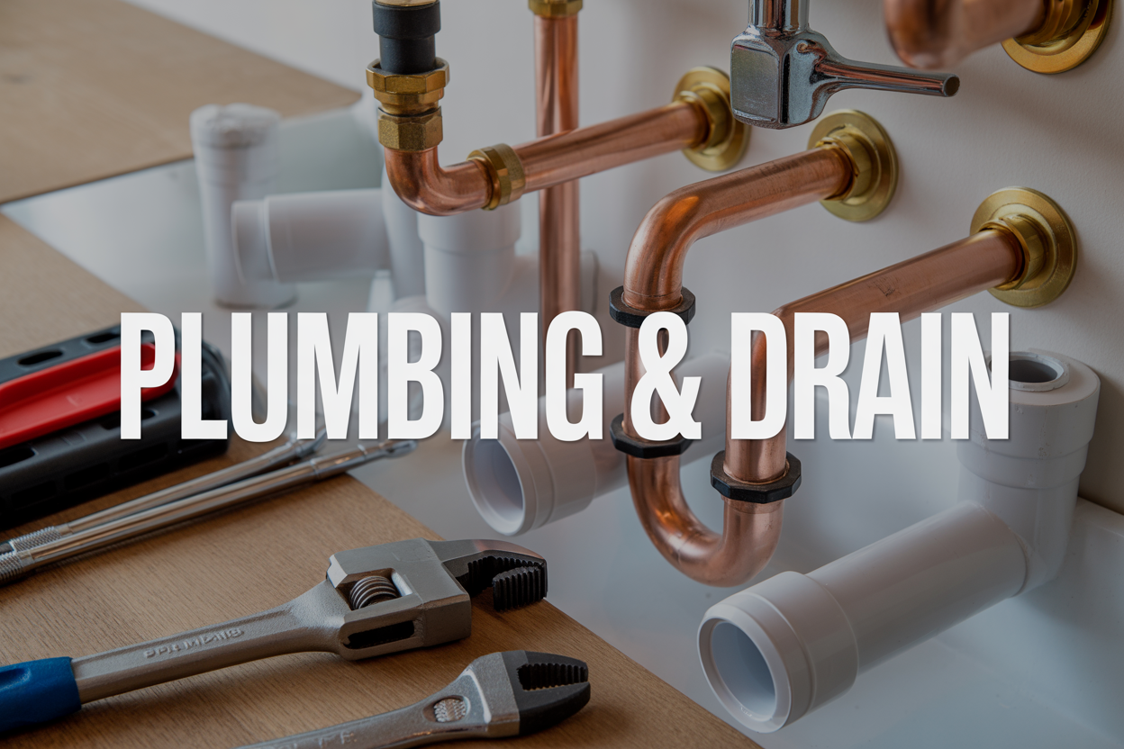 Create a realistic image of a close-up view of modern residential plumbing featuring copper pipes, PVC drain pipes, and pipe fittings arranged in a clean, organized manner against a white background, with a professional plumber's wrench and other essential tools nearby, soft natural lighting highlighting the metallic surfaces, and the text "PLUMBING & DRAIN" prominently displayed in bold, industrial-style font across the center of the image.