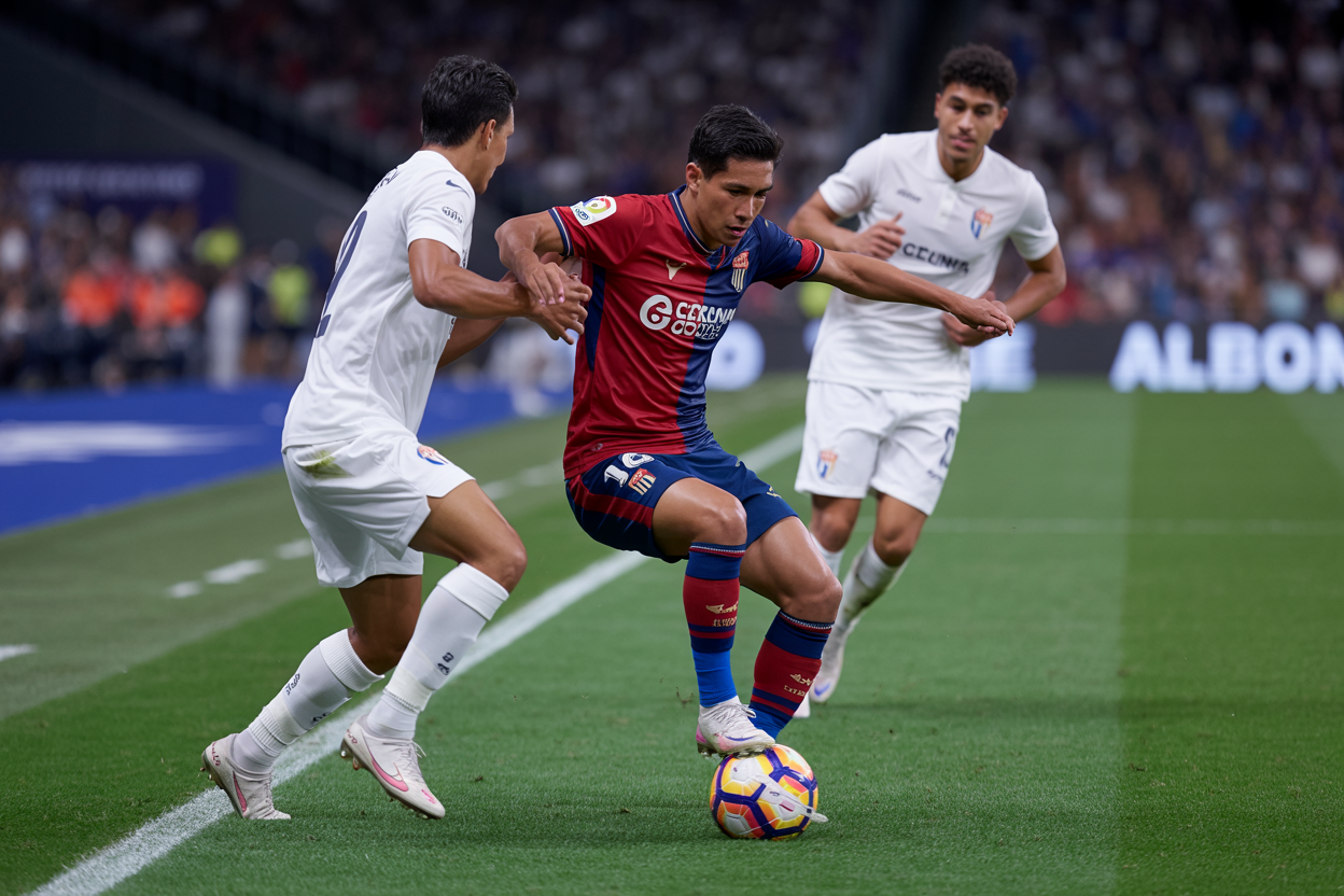 Create a realistic image of a Hispanic male La Liga midfielder in red and blue team jersey skillfully controlling a soccer ball with his foot while being pressured by two opposing defenders in white jerseys, the scene captures the intense moment on a professional football pitch with bright stadium lighting, green grass field with white line markings visible, the midfielder shows focused concentration and precise ball control technique as defenders close in from both sides, dynamic action shot emphasizing the technical skill of ball retention under defensive pressure, stadium atmosphere with blurred background stands, absolutely NO text should be in the scene.
