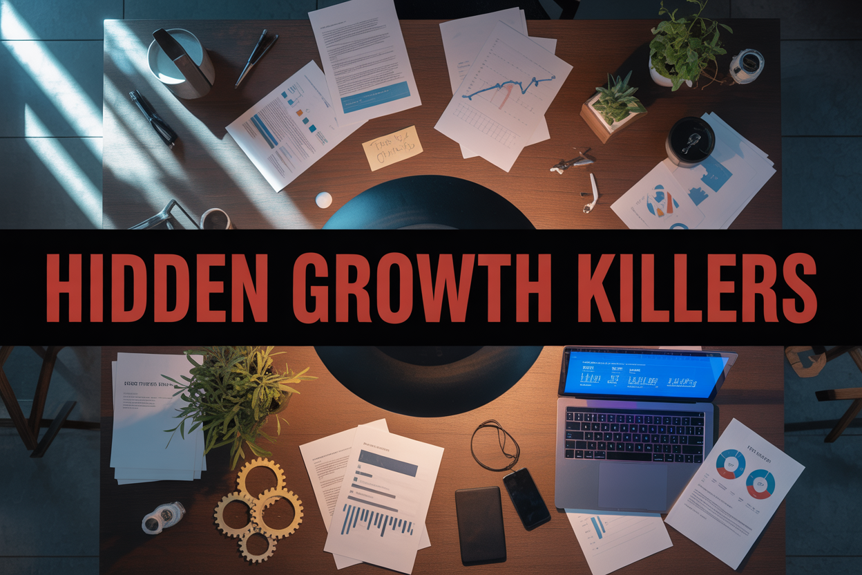 Create a realistic image of a modern office desk viewed from above with scattered business documents, charts showing declining trends, a laptop displaying error messages, wilted plants, broken gears, and warning signs, all surrounded by dark shadows creeping in from the edges, with dramatic overhead lighting creating stark contrasts, and bold red text overlay reading "HIDDEN GROWTH KILLERS" prominently displayed across the center of the image.