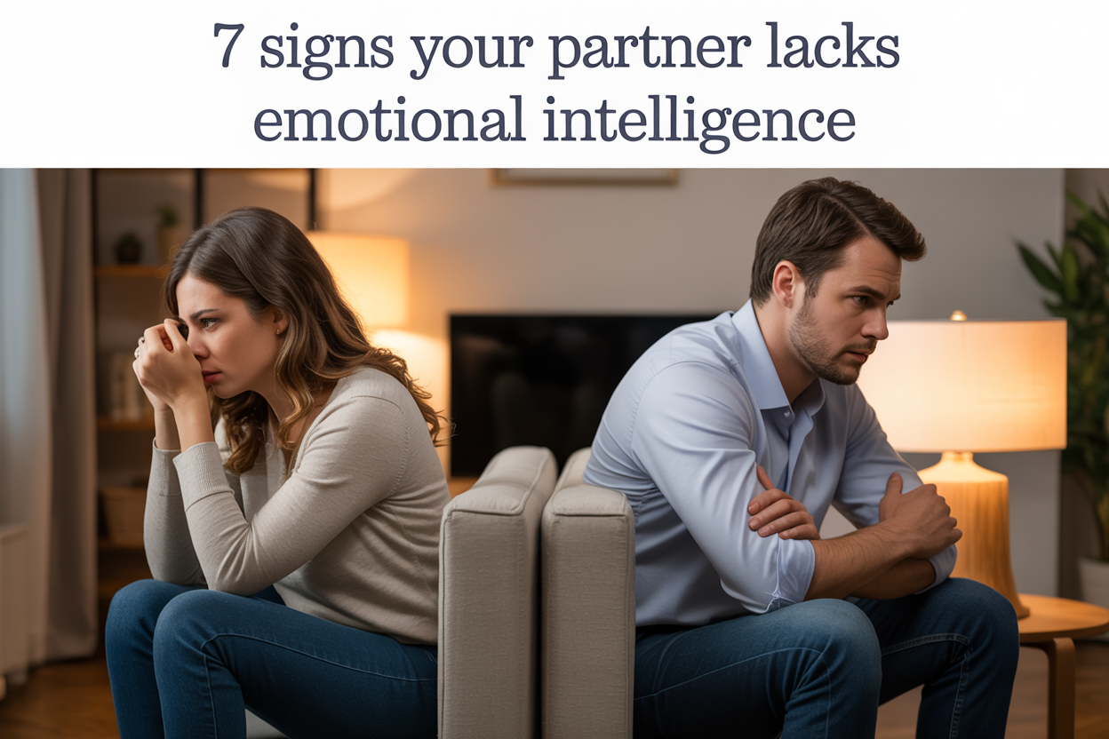 Create a realistic image of a white male and white female couple sitting on opposite ends of a modern couch in a softly lit living room, both looking away from each other with frustrated expressions, the woman holding her head in her hands while the man crosses his arms defensively, with warm ambient lighting from a table lamp creating subtle shadows, and the text "7 Signs Your Partner Lacks Emotional Intelligence" displayed in elegant sans-serif font at the top of the image in dark blue color.