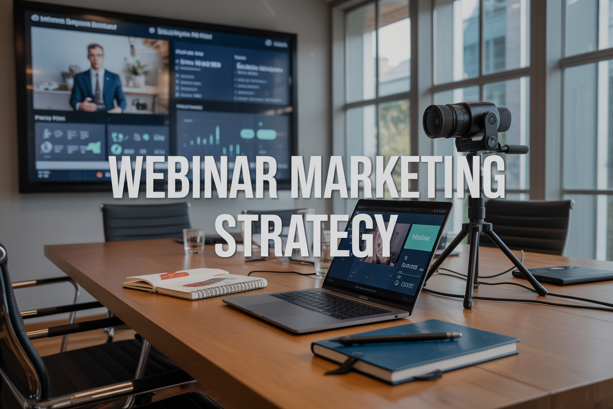 Create a realistic image of a modern conference room with a large wall-mounted screen displaying webinar analytics and audience engagement metrics, a sleek laptop open on a wooden table showing a webinar platform interface, a professional microphone and camera setup positioned nearby, with marketing materials and notebooks scattered around, soft natural lighting coming through large windows, and the text "Webinar Marketing Strategy" prominently displayed as an overlay on the image, all conveying a professional digital marketing environment focused on webinar success.