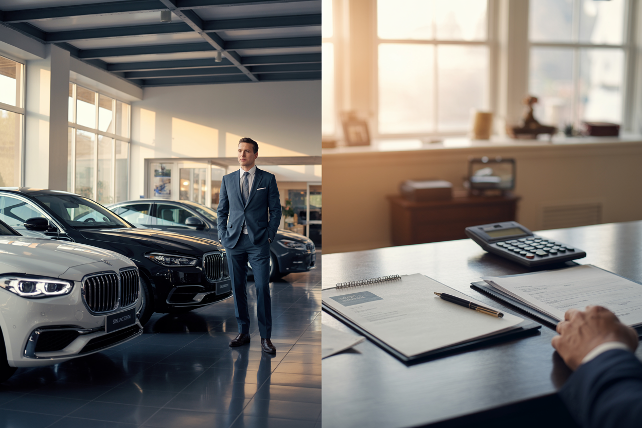 Create a realistic image of a split-screen composition showing an expensive car dealership on the left with a well-dressed white male salesperson in a suit standing beside luxury vehicles under bright showroom lighting, and on the right side showing a simple home office setup with insurance documents and a calculator on a desk, representing the contrast between dealer markup and affordable gap insurance alternatives, with warm natural lighting coming through a window, absolutely NO text should be in the scene.