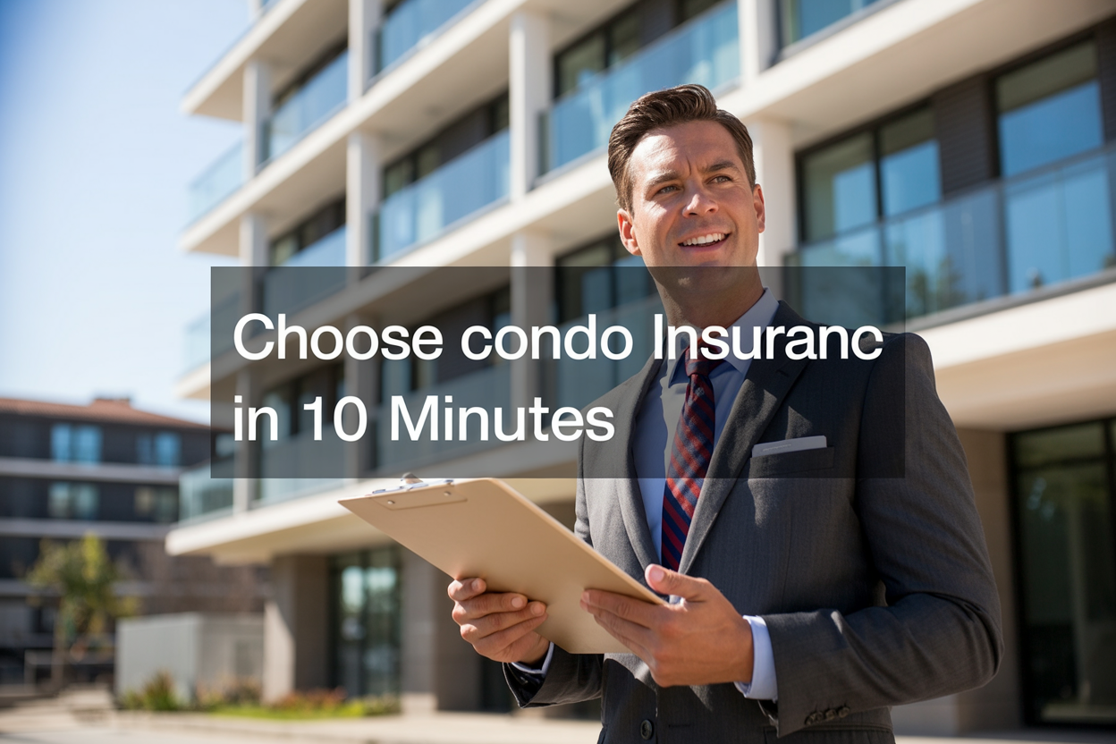 Create a realistic image of a modern condo building exterior with a professional white male insurance agent in a business suit holding a tablet and clipboard, standing in front of the building with a confident, helpful expression, bright daylight with clear blue sky in the background, include the text "Choose Condo Insurance in 10 Minutes" prominently displayed as an overlay, warm and approachable mood with clean architectural lines and glass windows reflecting sunlight.