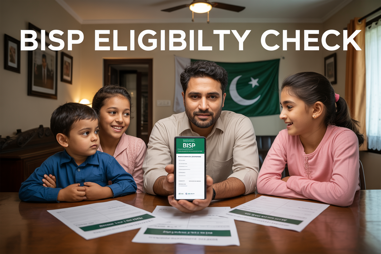 Create a realistic image of a Pakistani family consisting of a South Asian male father, South Asian female mother, and two children sitting around a wooden table with BISP (Benazir Income Support Programme) application forms and documents spread out, the father holding a smartphone showing the BISP portal website, a Pakistani flag visible on the wall in the background, warm indoor lighting from a ceiling fan light, with the text "BISP Eligibility Check" prominently displayed at the top of the image in both English and Urdu script, conveying a sense of hope and financial assistance in a modest middle-class home setting.