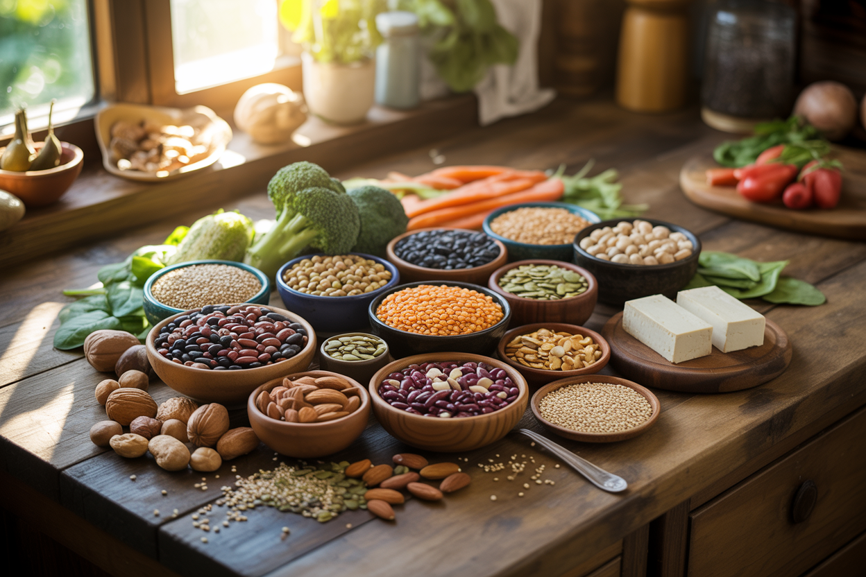Create a realistic image of an abundant spread of various plant-based protein sources arranged on a rustic wooden kitchen counter, featuring bowls of colorful legumes including black beans, chickpeas, and lentils, scattered nuts like almonds and walnuts, seeds such as chia and pumpkin seeds, quinoa grains, tofu blocks, and fresh vegetables like broccoli and spinach, with natural sunlight streaming through a nearby window creating warm, inviting lighting that highlights the vibrant colors and textures of the wholesome foods, absolutely NO text should be in the scene.