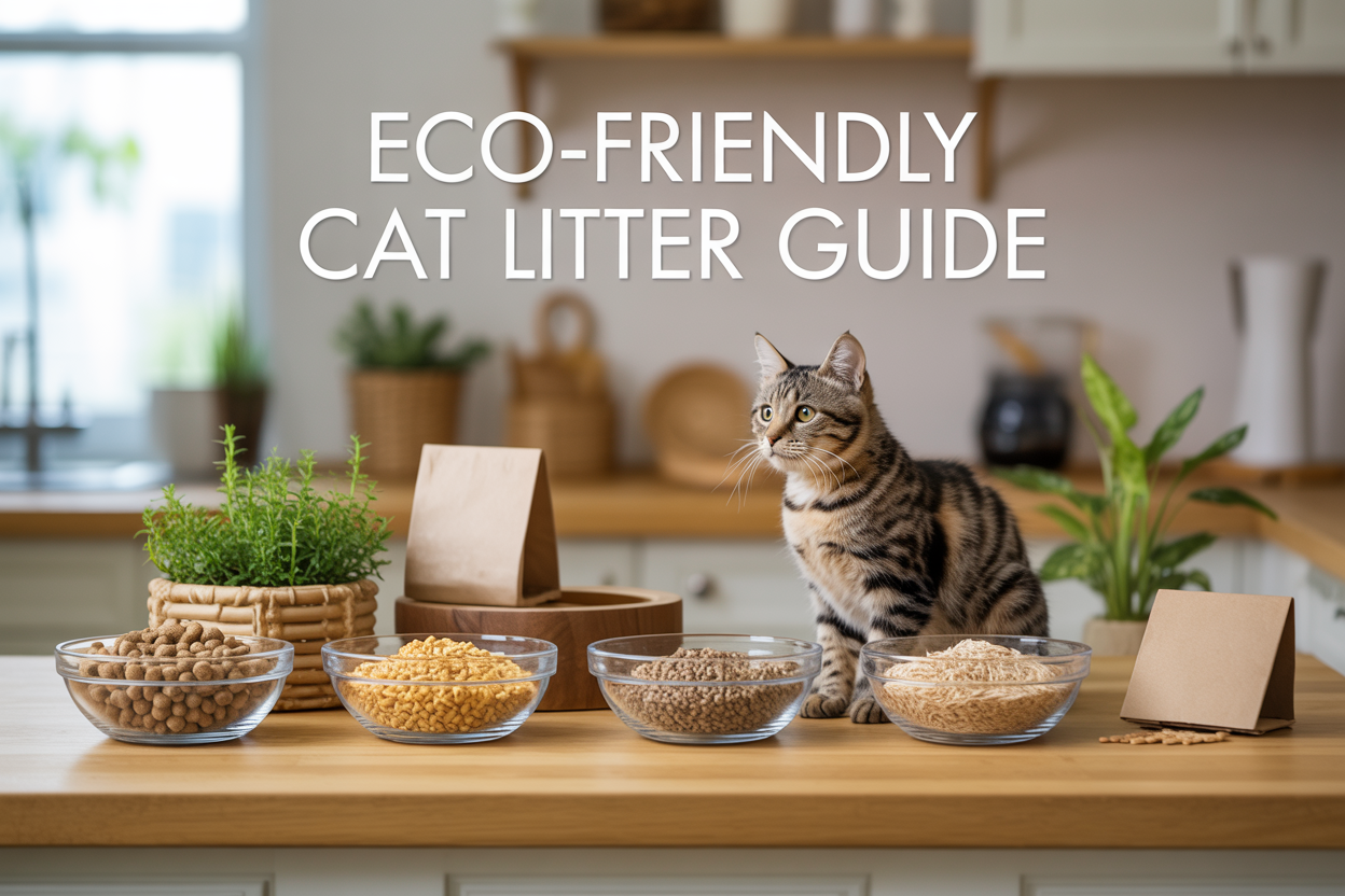 Create a realistic image of a modern, clean kitchen countertop scene featuring multiple eco-friendly cat litter options displayed in clear glass bowls or small wooden containers, including wood pellets, corn-based litter, wheat litter, and paper-based litter, with a beautiful tabby cat sitting peacefully nearby, surrounded by green plants and natural elements like bamboo scoops and kraft paper packaging, all arranged on a light wooden surface with soft natural lighting from a nearby window, and the text "Eco-Friendly Cat Litter Guide" elegantly overlaid in clean, modern font at the top of the image.