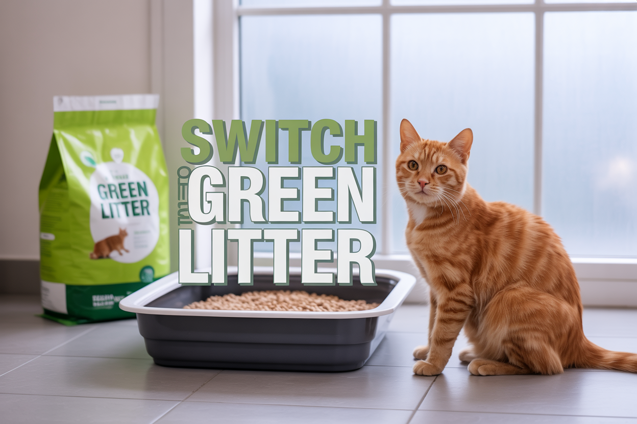 Create a realistic image of a cozy indoor scene showing a happy orange tabby cat sitting next to a modern litter box filled with green eco-friendly litter, with a bag of green litter visible nearby, soft natural lighting from a window, clean white tiles floor, and the text "Switch to Green Litter" displayed prominently in modern green font overlay.