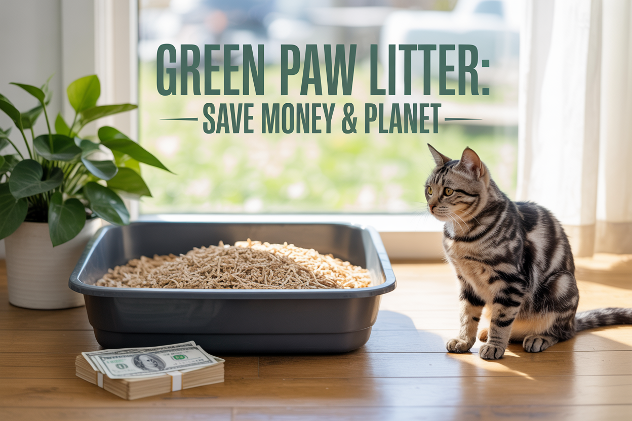 Create a realistic image of a modern, clean litter box filled with natural, biodegradable green cat litter made from plant materials, positioned next to a healthy green plant and a small stack of dollar bills, with a cute tabby cat sitting nearby on a wooden floor, soft natural lighting streaming through a window creating a warm, eco-friendly atmosphere, with the text "Green Paw Litter: Save Money & Planet" displayed prominently in modern, eco-friendly green typography at the top of the image.