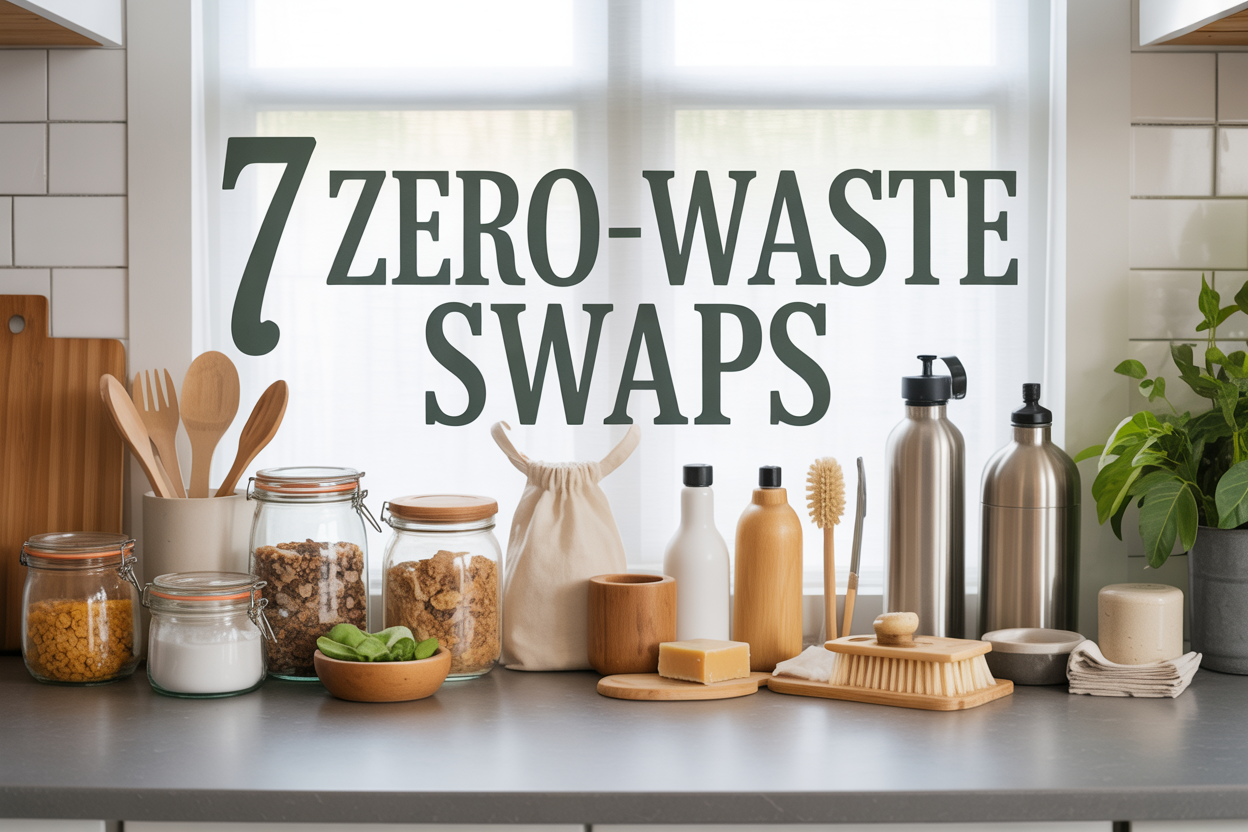 Create a realistic image of a modern kitchen countertop displaying an organized collection of eco-friendly zero-waste products including glass jars filled with bulk items, bamboo utensils, reusable cloth bags, stainless steel water bottles, wooden cleaning brushes, bar soap, and beeswax wraps, with natural lighting streaming through a window creating a clean and sustainable atmosphere, featuring the text "7 Zero-Waste Swaps" prominently displayed in elegant green lettering overlaid on the image.