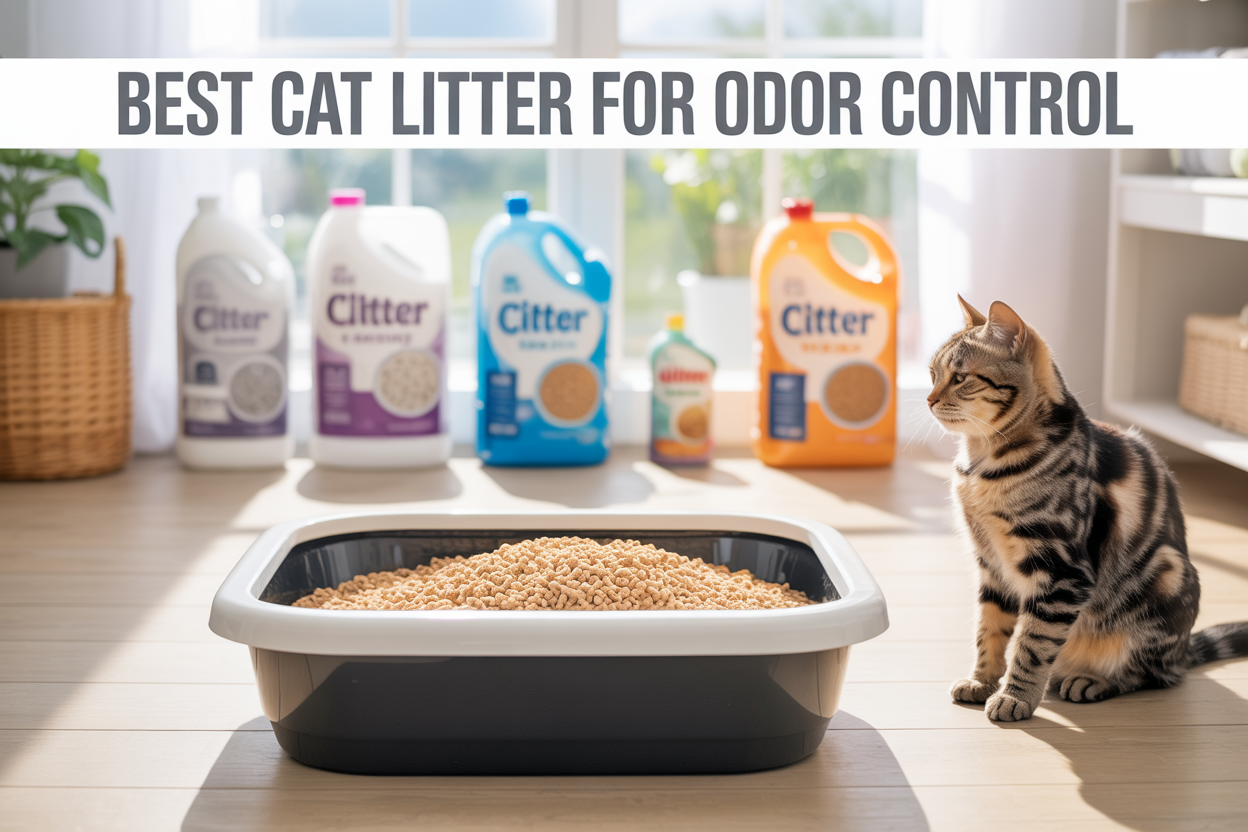 Create a realistic image of a clean, modern litter box filled with fresh clumping cat litter in a bright, well-lit laundry room or bathroom setting, with a content tabby cat sitting nearby, several different types of cat litter packages and containers arranged on a shelf in the background, soft natural lighting streaming through a window, and the text "Best Cat Litter for Odor Control" prominently displayed at the top of the image in clean, bold typography.