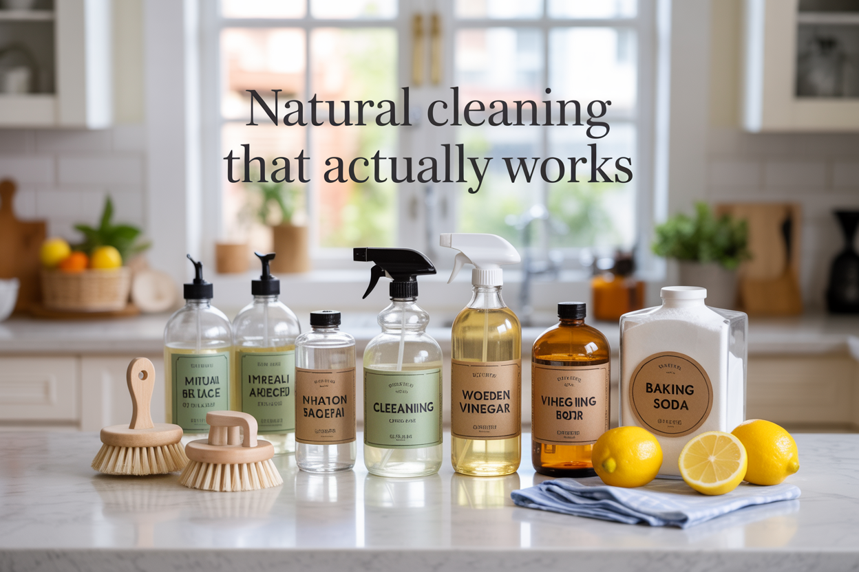 Create a realistic image of a clean, bright kitchen counter displaying an array of natural cleaning products including glass spray bottles with green and brown labels, wooden cleaning brushes, white vinegar in a clear bottle, baking soda in an open box, lemons cut in half, and microfiber cloths, with soft natural lighting streaming through a window in the background, and overlay text reading "Natural Cleaning That Actually Works" in clean, modern font.