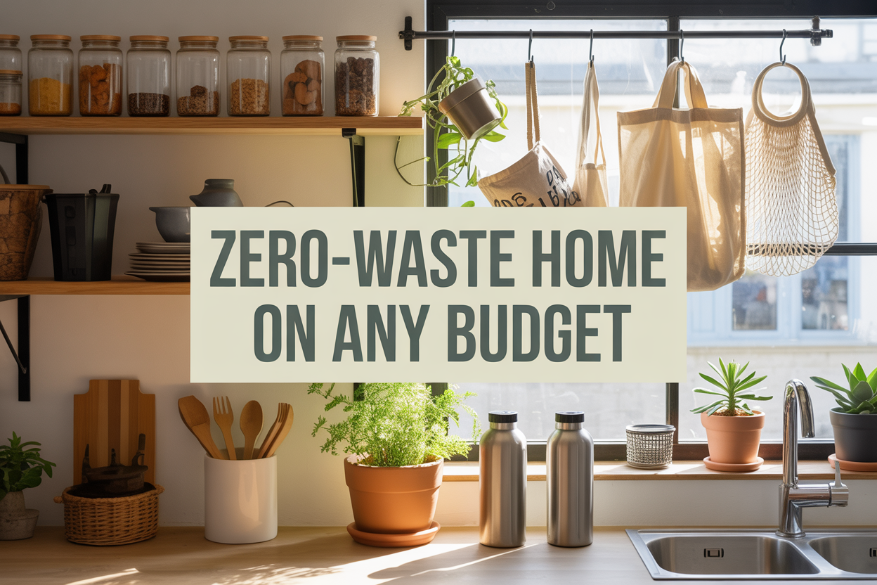 Create a realistic image of a modern, organized home interior showcasing zero-waste living elements including glass jars filled with bulk goods on wooden shelves, reusable cloth bags hanging on hooks, a compost bin, potted plants, bamboo utensils in a ceramic container, and metal water bottles on a clean kitchen counter, with warm natural lighting streaming through a window, featuring the text "Zero-Waste Home on Any Budget" prominently displayed in clean, eco-friendly green typography overlaying the scene.