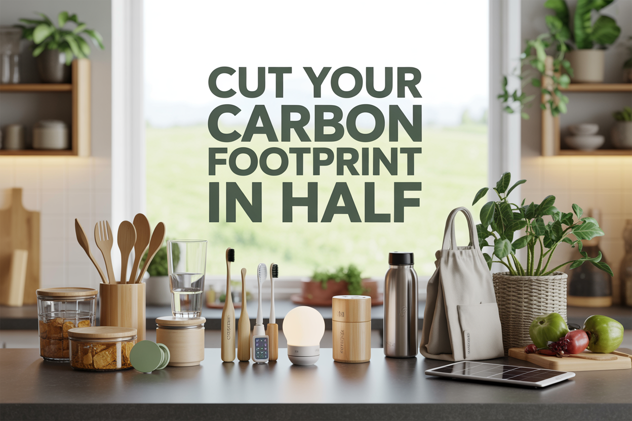 Create a realistic image of a modern kitchen countertop displaying an organized collection of 15 eco-friendly home products including bamboo utensils, reusable glass containers, LED light bulbs, bamboo toothbrushes, stainless steel water bottles, organic cotton produce bags, and solar-powered devices, with soft natural lighting streaming through a window, green plants in the background, and the text "Cut Your Carbon Footprint in Half" prominently displayed in modern eco-friendly green typography overlaying the scene.