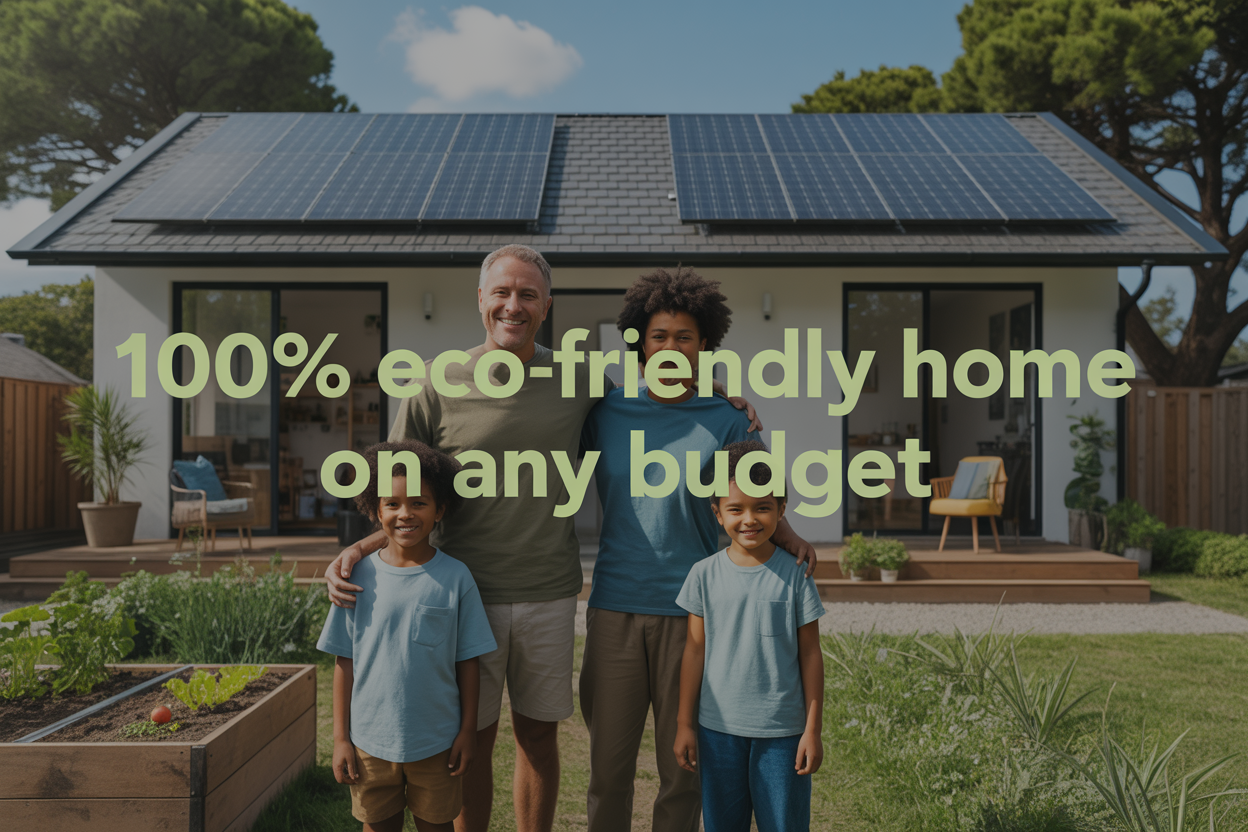 Create a realistic image of a modern eco-friendly home exterior with solar panels on the roof, energy-efficient windows, and a small vegetable garden in the foreground, featuring a diverse family of four (white male father, black female mother, and two children of mixed race) standing proudly in front of their sustainable home, with green plants and trees surrounding the property, bright natural daylight creating a warm and optimistic atmosphere, and overlay text reading "100% Eco-Friendly Home on Any Budget" in clean, modern green font.