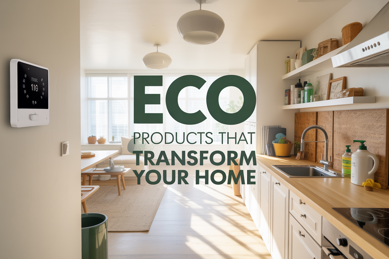 Create a realistic image of a modern eco-friendly home interior featuring a smart thermostat on the wall, energy-efficient LED lighting, a kitchen with sustainable bamboo countertops and a compost bin, water-saving faucet fixtures, natural cleaning products on shelves, and visible insulation materials, all arranged in a bright, clean living space with natural lighting streaming through energy-efficient windows, with the text "Eco Products That Transform Your Home" prominently displayed in modern green typography.
