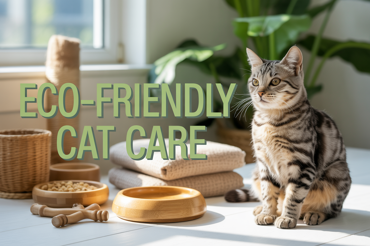 Create a realistic image of a content tabby cat sitting next to eco-friendly cat care products including bamboo toys, wooden food bowls, natural litter pellets, and sustainable bedding materials, arranged on a clean white wooden surface with soft natural lighting from a nearby window, featuring green plant elements in the background to emphasize the eco-friendly theme, with the text "Eco-Friendly Cat Care" displayed prominently in modern green lettering overlaid on the image.