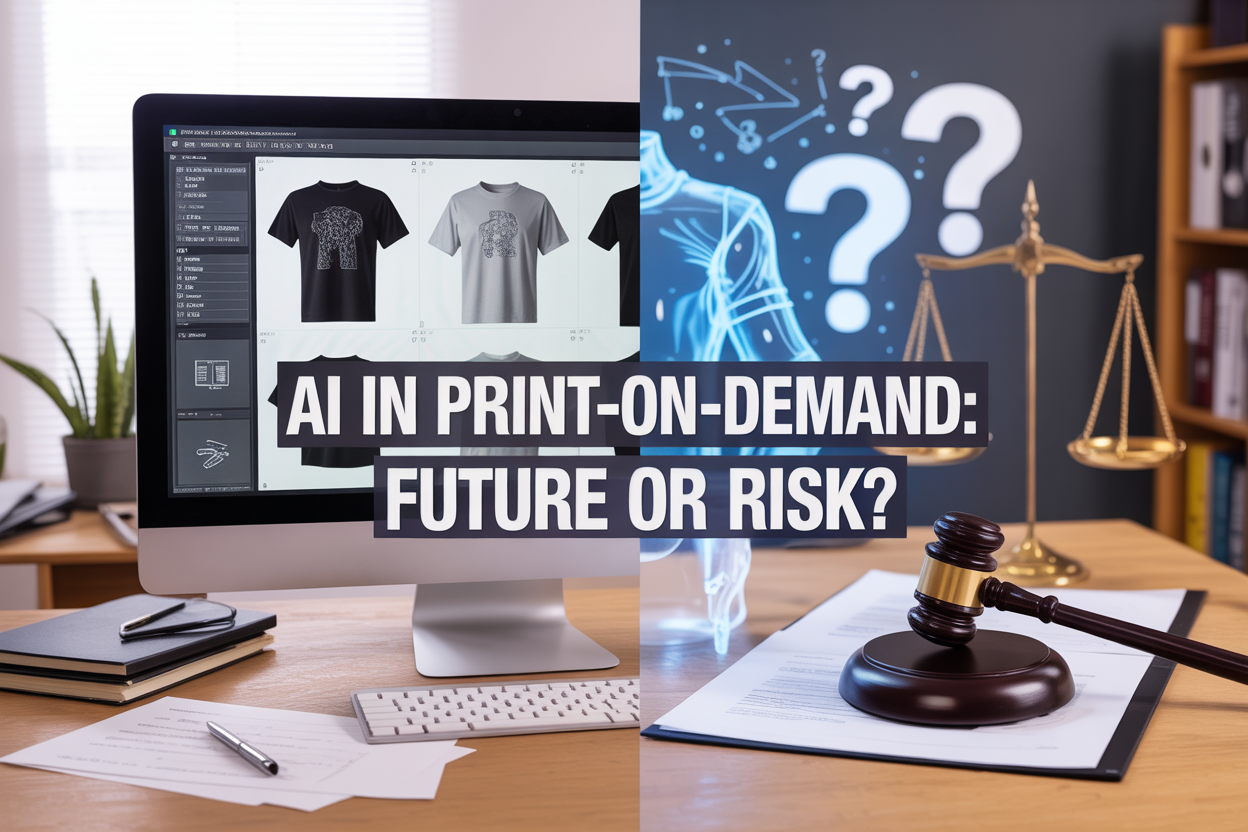Create a realistic image of a modern workspace showing a computer screen displaying AI-generated t-shirt designs alongside traditional design sketches, with a balanced composition featuring a split view of digital automation tools on one side and legal documents with a gavel on the other side, illuminated by natural office lighting, with floating question marks and scales of justice symbols in the background to represent the ethical dilemma, and overlay text reading "AI in Print-on-Demand: Future or Risk?" in bold, professional typography.