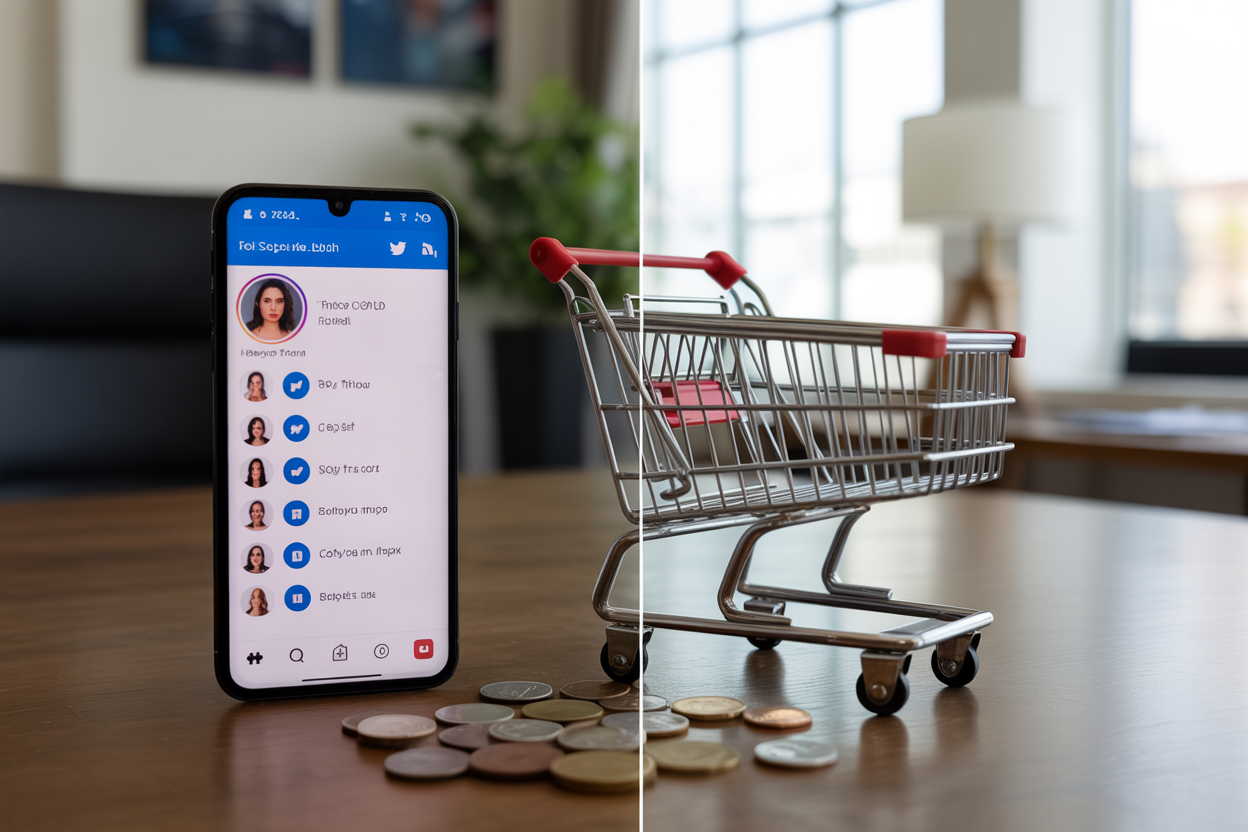 Create a realistic image of a split-screen composition showing on the left side a smartphone displaying a social media profile with a large follower count number and multiple follower icons, and on the right side an empty cash register or shopping cart with very few coins scattered around, representing the disconnect between high follower numbers and actual sales revenue, set against a modern office background with soft natural lighting from a window, absolutely NO text should be in the scene.