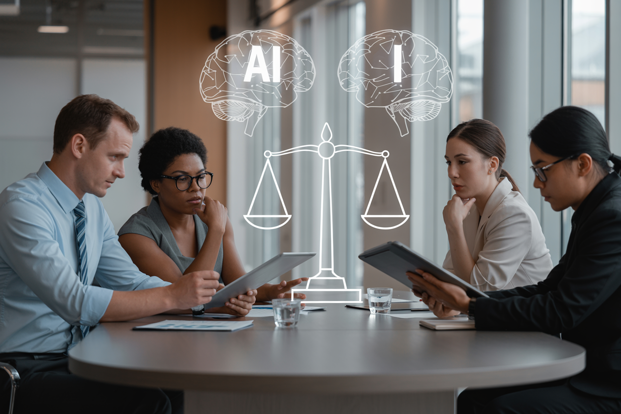 Create a realistic image of a diverse group of professionals including a white male, black female, and Asian male sitting around a modern conference table in a sleek office setting, with holographic AI brain symbols and ethical balance scales floating above the table, warm natural lighting from large windows, serious contemplative expressions as they review documents and tablets, modern minimalist background with subtle technology elements, professional business atmosphere conveying thoughtful deliberation about artificial intelligence ethics and challenges, absolutely NO text should be in the scene.