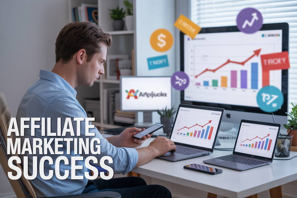 Create a realistic image of a modern home office setup with a white male in his 30s sitting at a clean desk working on a laptop, with multiple devices (smartphone, tablet) displaying colorful charts and graphs showing upward trending sales data, affiliate network logos visible on screens, money symbols and commission icons floating subtly in the background, bright natural lighting from a window, professional atmosphere with plants and books on shelves, text overlay reading "Affiliate Marketing Success" in bold modern font.