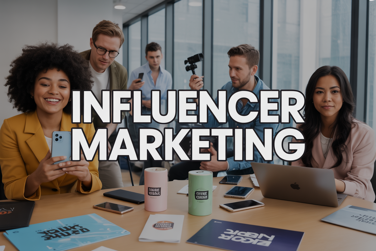 Create a realistic image of a diverse group of content creators including a young black female influencer holding a smartphone, a white male influencer with a camera, and an Asian female influencer with a laptop, all sitting around a modern conference table with branded products, smartphones, and marketing materials scattered on the surface, with a bright, professional office background featuring large windows and natural lighting, conveying collaboration and success, with the text "INFLUENCER MARKETING" prominently displayed in bold, modern typography overlaying the scene.