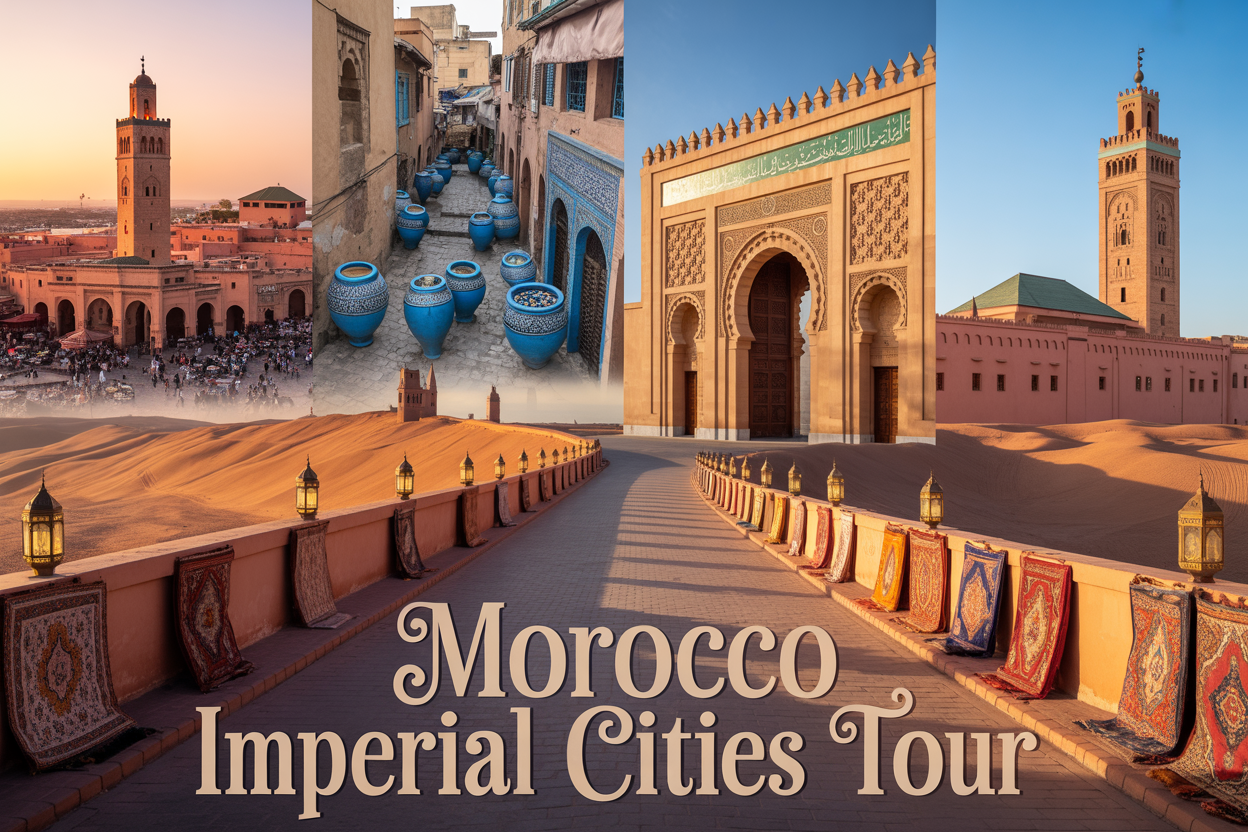 Create a realistic image of a stunning panoramic collage featuring Morocco's four imperial cities with iconic landmarks from each: Marrakech's Koutoubia Mosque minaret and bustling Jemaa el-Fnaa square on the left, Fes's ancient medina with traditional blue pottery and narrow alleyways in the center-left, Meknes's grand Bab Mansour gate with intricate Islamic geometric patterns in the center-right, and Rabat's Hassan Tower and modern architecture on the right, all connected by a winding desert road with traditional Berber carpets and lanterns as decorative borders, warm golden sunset lighting casting long shadows across the scene, with the text "MOROCCO IMPERIAL CITIES TOUR" elegantly overlaid in decorative Arabic-inspired font at the bottom of the image.