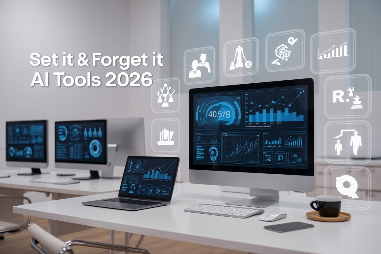 Futuristic office dashboard displaying AI business automation tools for 2026.