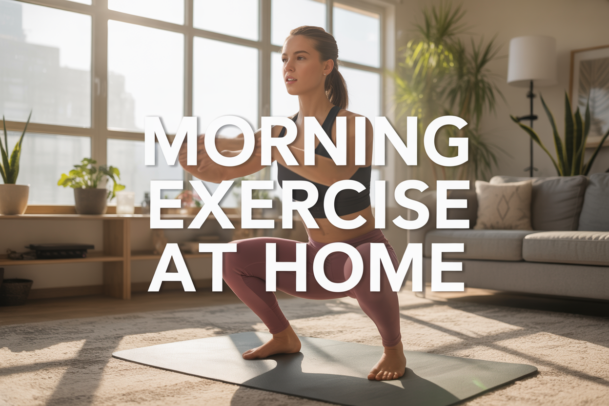 Create a realistic image of a young white female in comfortable workout attire performing bodyweight exercises in a bright, modern living room with natural morning sunlight streaming through large windows, showing her mid-squat position on a yoga mat with motivational plants and minimalist furniture in the background, featuring the text "Morning Exercise At Home" overlaid in clean, bold typography, capturing an energetic and inspiring mood that emphasizes accessibility and simplicity of home fitness routines.