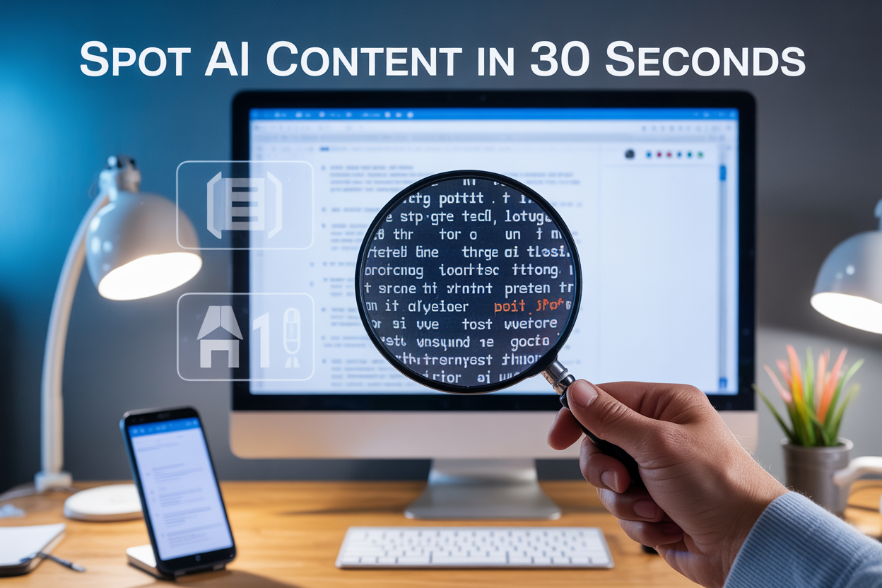 Create a realistic image of a close-up view of a computer screen displaying a document with text, where a magnifying glass hovers over the screen revealing suspicious AI writing patterns like repetitive phrases and unnatural language flow, with digital overlay elements showing detection indicators and warning symbols, alongside a smartphone displaying AI detection tools, set against a modern desk workspace with soft blue lighting, including the text "SPOT AI CONTENT IN 30 SECONDS" prominently displayed at the top of the image.