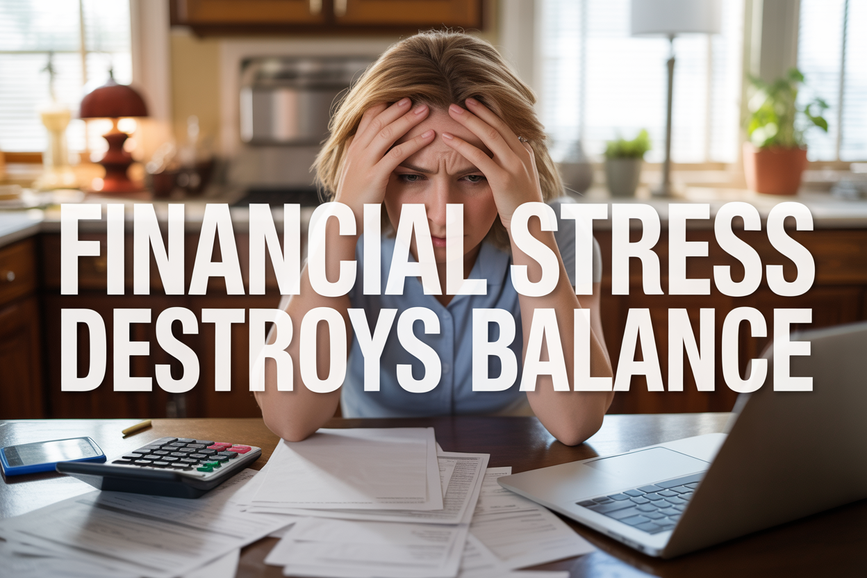 Create a realistic image of a stressed white female in her 30s sitting at a kitchen table with bills, calculator, and laptop scattered around her, holding her head in her hands while looking overwhelmed, with warm natural lighting from a window, and the text "Financial Stress Destroys Balance" prominently displayed in bold, clean typography overlaying the scene.