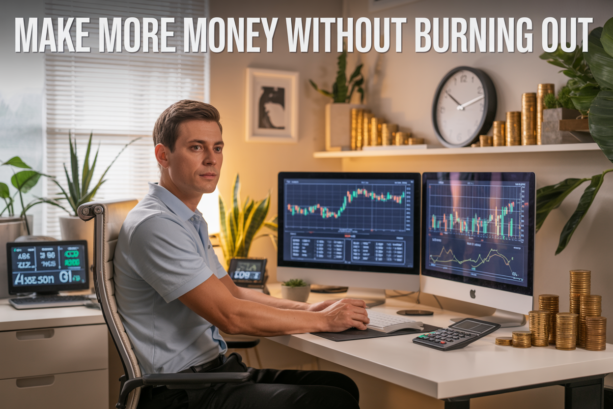 Create a realistic image of a professional workspace featuring a white male in his 30s sitting at a modern desk with multiple monitors displaying financial charts and passive income streams, surrounded by symbols of wealth building including stacked coins, a calculator, a clock showing work-life balance, and plants representing growth, with warm natural lighting from a window, conveying a calm and organized atmosphere, with the text "Make More Money Without Burning Out" prominently displayed at the top of the image.