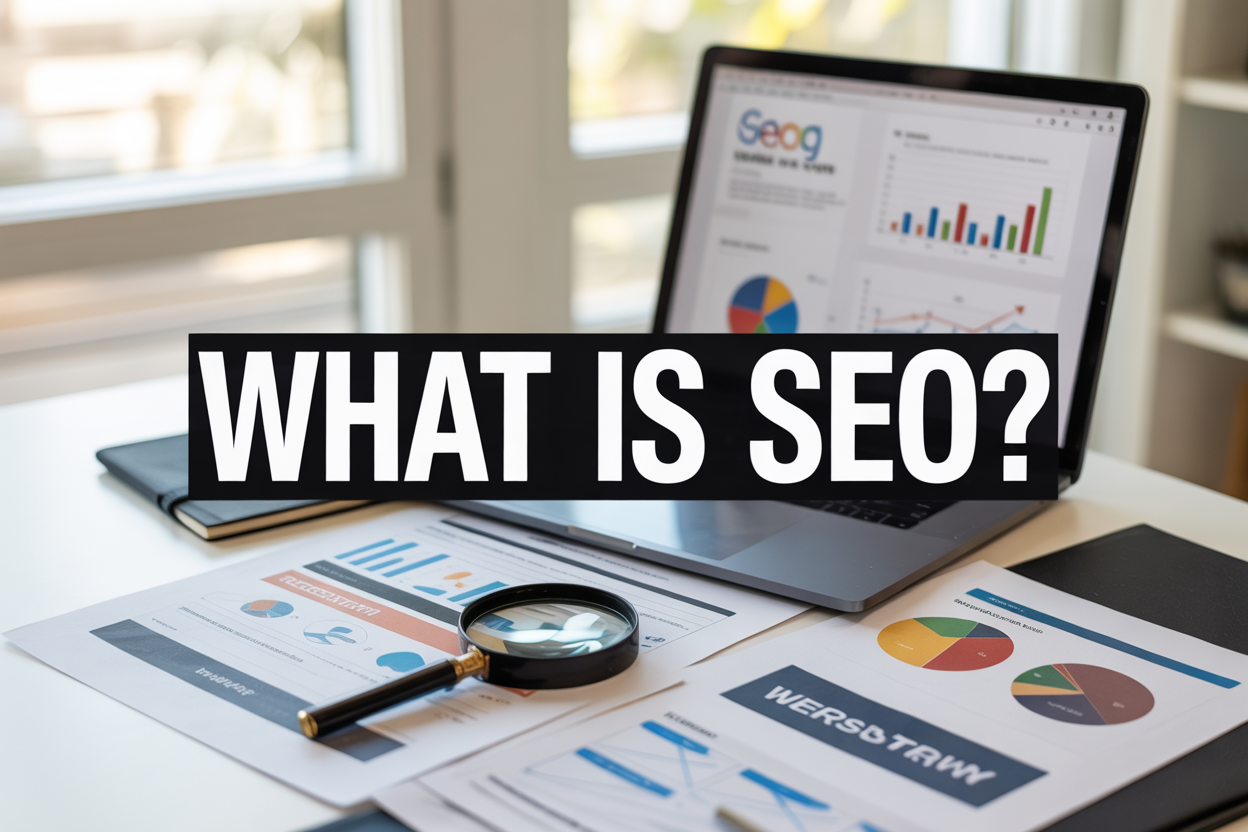 Create a realistic image of a modern digital marketing workspace with a laptop displaying colorful SEO analytics charts and graphs on the screen, a magnifying glass positioned over search engine results, website wireframes and keyword research documents scattered on a clean white desk, with soft natural lighting from a window creating a professional atmosphere, and the text "What is SEO?" prominently displayed in bold, modern typography overlaid on the image.