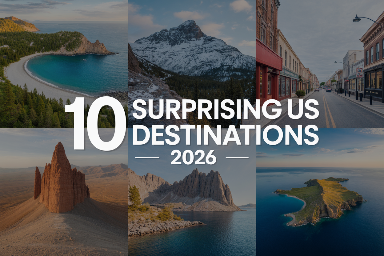 Create a realistic image of a stunning collage-style composition featuring diverse American landscapes including a hidden coastal cove with turquoise waters, snow-capped mountain peaks, a charming small town main street, dramatic desert rock formations, and a scenic island viewed from above, all arranged in an artistic mosaic layout with soft golden hour lighting, overlaid with elegant text reading "10 Surprising US Destinations 2026" in modern white typography with a subtle drop shadow.