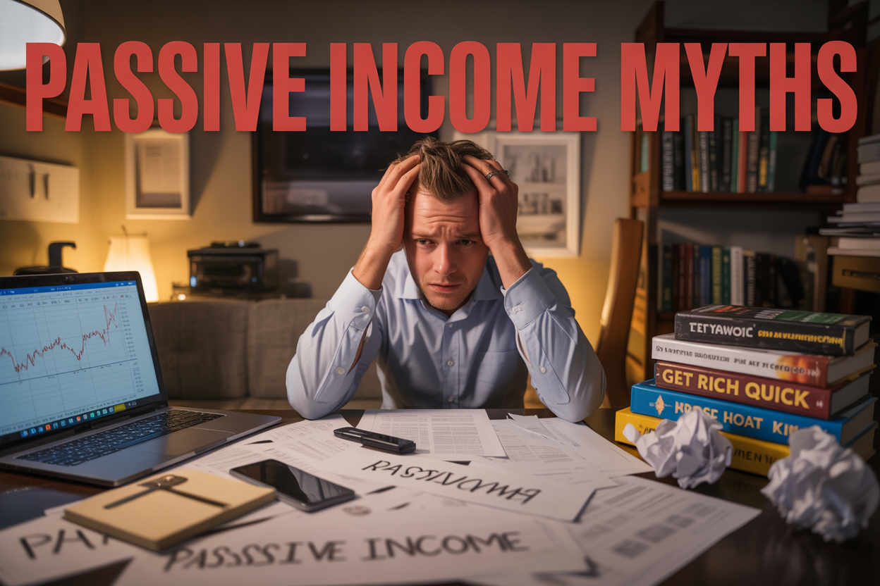 Create a realistic image of a stressed white male in his 30s sitting at a cluttered desk with financial documents, laptop showing declining investment graphs, and scattered papers with "PASSIVE INCOME" written on them, with a frustrated expression and hands on his head, surrounded by books titled "Get Rich Quick" and crumpled papers, in a dimly lit home office with warm amber lighting creating shadows, with the text "PASSIVE INCOME MYTHS" prominently displayed in bold red letters across the top of the image, conveying a mood of financial anxiety and disillusionment.