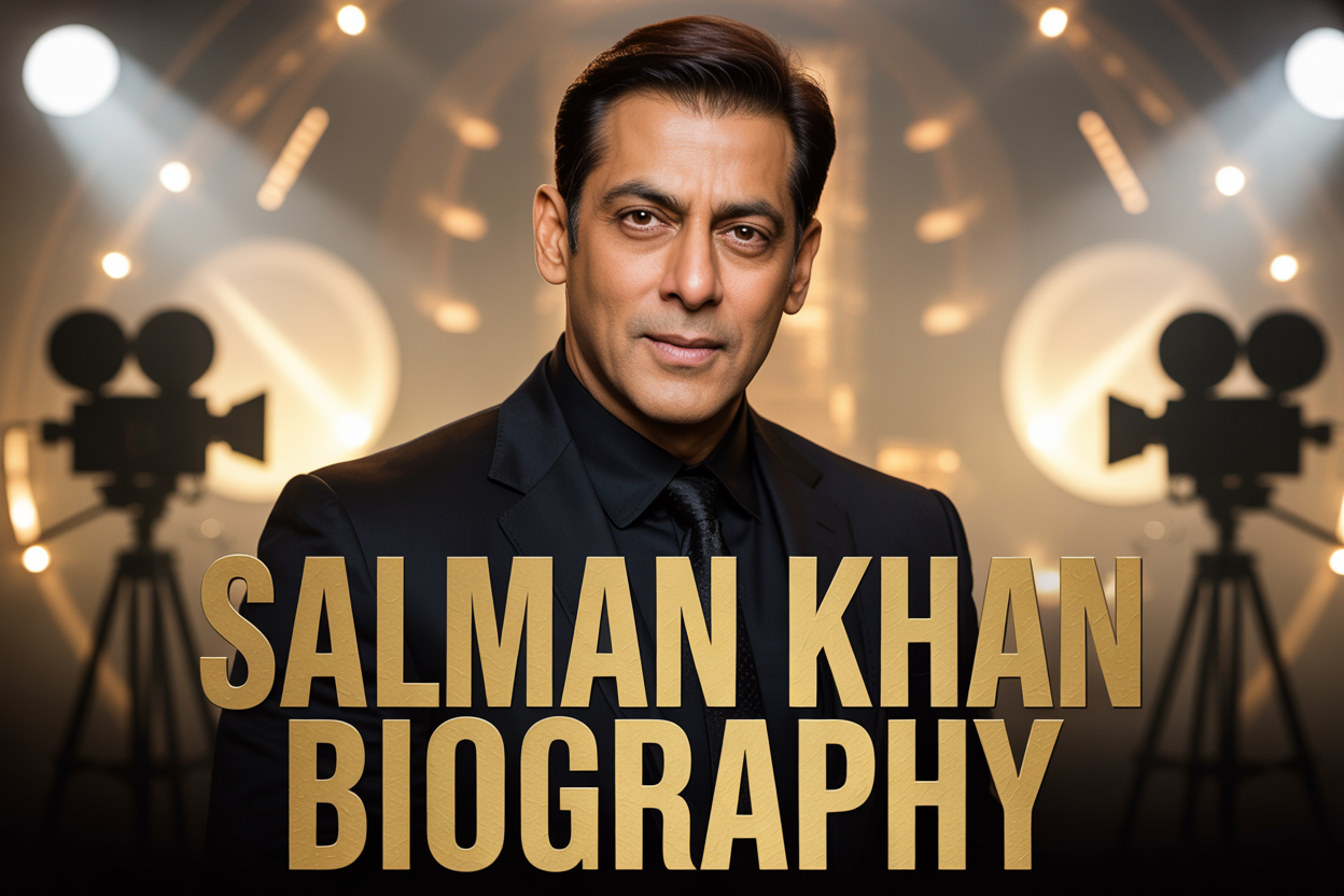Create a realistic image of a professional portrait-style composition featuring a middle-aged Indian male actor in an elegant black suit against a cinematic backdrop that includes subtle Bollywood film elements like golden spotlights and movie camera silhouettes, with the text "SALMAN KHAN BIOGRAPHY" prominently displayed in bold golden letters at the bottom, warm dramatic lighting creating a sophisticated and celebratory mood that captures both his stardom and philanthropic nature.